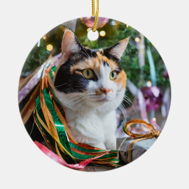 Calico Cat Unter einem Weihnachtsbaum mit Geschenk Keramik Ornament (Vorne)