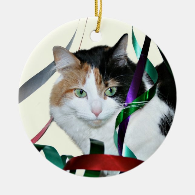 Calico Cat Weihnachtsbänder Keramik Ornament (Vorne)
