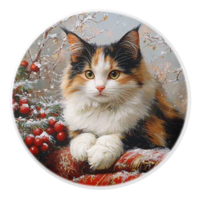 Calico Cat Winter Scene Painting Keramikknauf (Vorderseite)