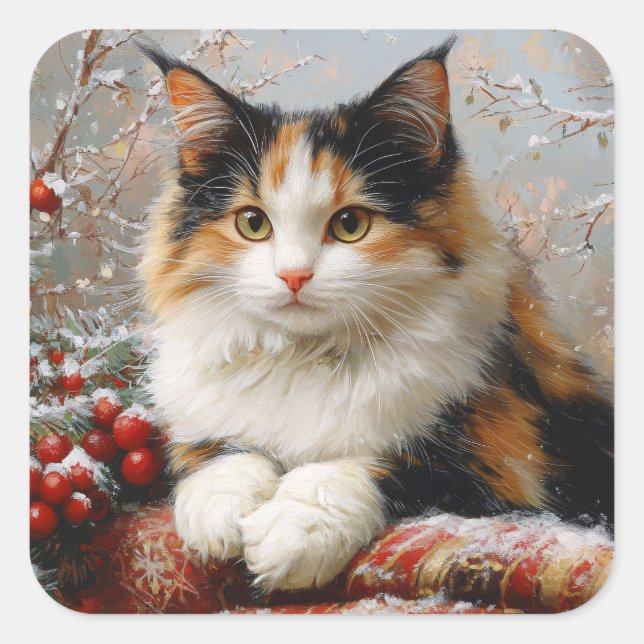 Calico Cat Winter Scene Painting Quadratischer Aufkleber (Vorderseite)