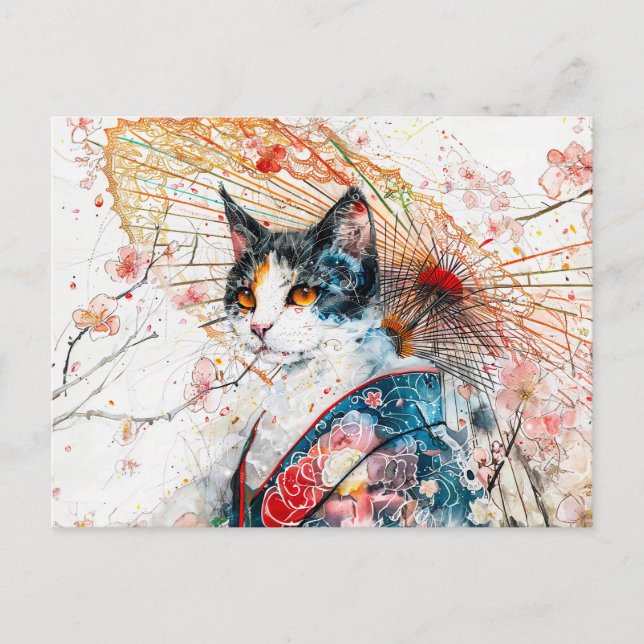 Calico Geisha Katze mit rotem Schirm in chinesisch Postkarte (Vorderseite)