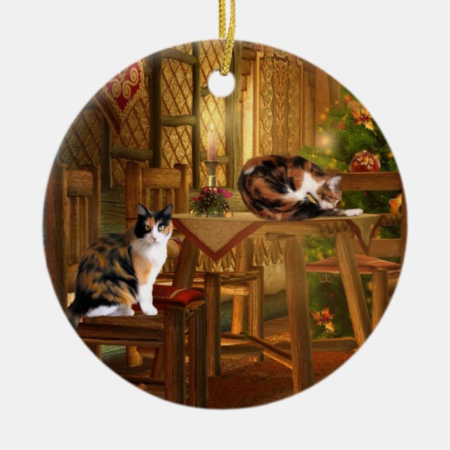 Calico Kätzchens Weihnachten Keramik Ornament (Vorne)
