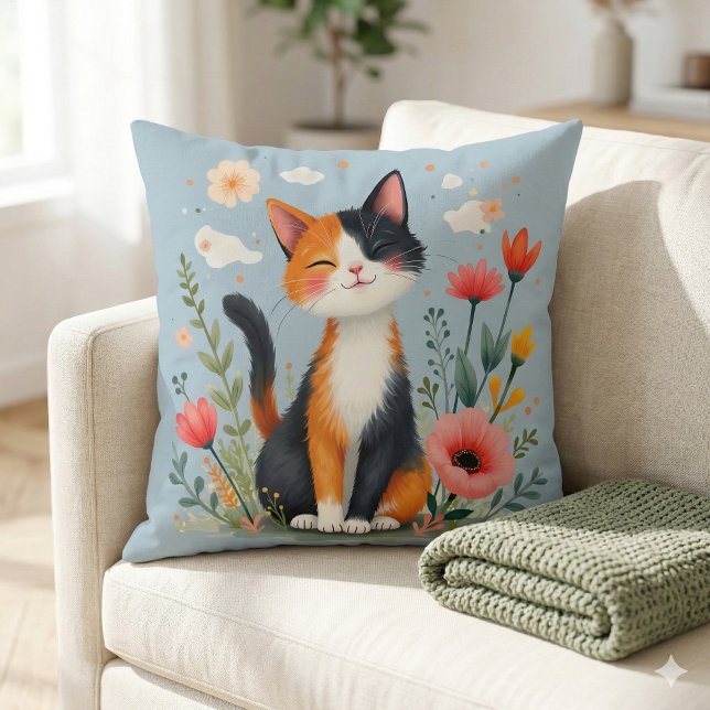 Calico Katze im blühenden Garten lächeln Kissen (Smiling Calico Cat in Blooming Garden Throw Pillow Mockup A)