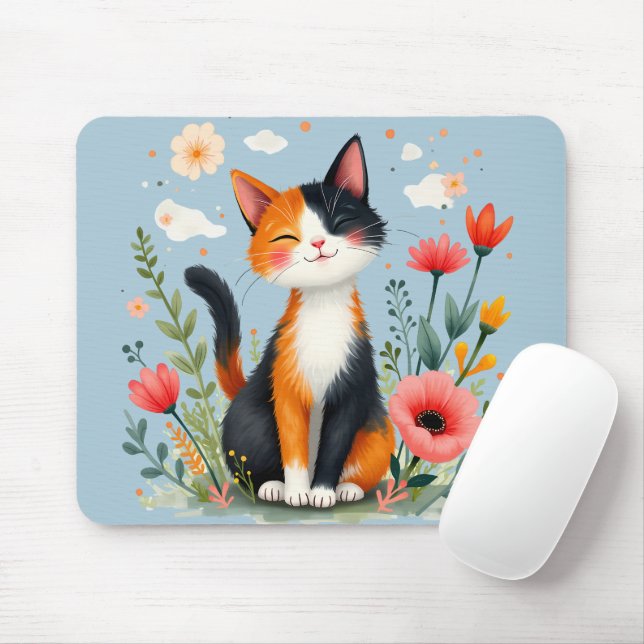 Calico Katze im blühenden Garten lächeln Mousepad (Mit Mouse)