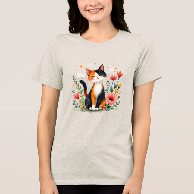 Calico Katze im blühenden Garten lächeln Tri-Blend Shirt (Vorderseite)