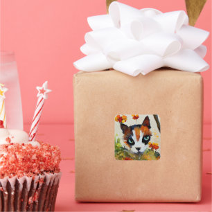 Calico Katze im Garten Quadratischer Aufkleber