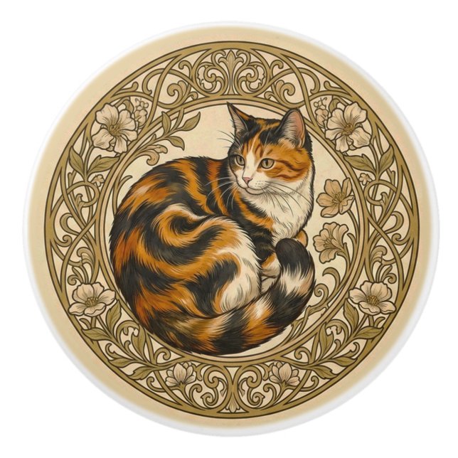 Calico-Katze im Jugendstil Keramikknauf (Vorderseite)