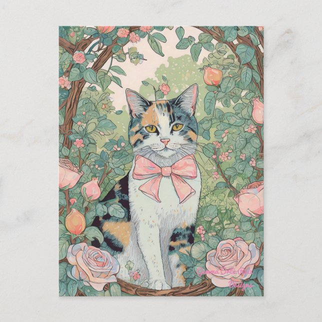 Calico Katze mit Blume Postkarte (Vorderseite)