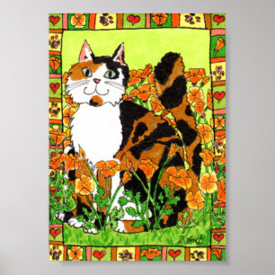 Calico Katze mit California Poppies Folk Art Poster