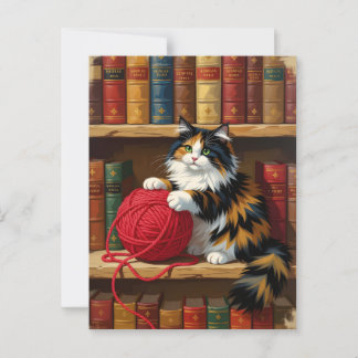 Calico Katze mit Garn auf einer virtuellen Bibliot Postkarte
