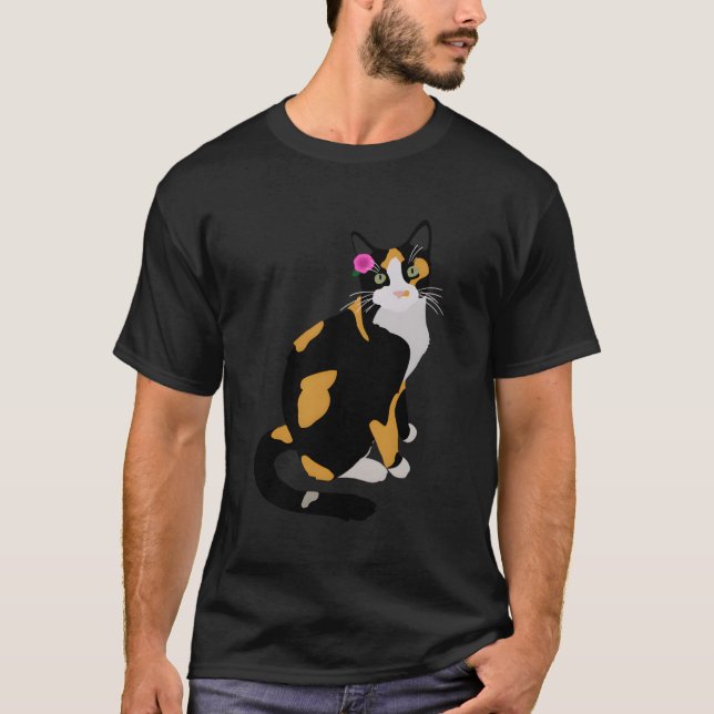 Calico Katze mit rosa Blume Calico Mama Chat Lover T-Shirt (Vorderseite)
