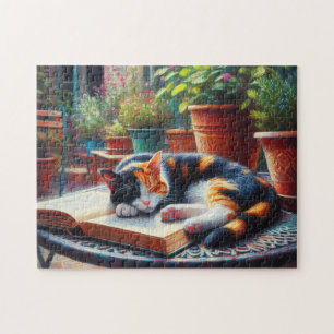 Calico Katze Schlafen auf einem Buchgarten Gemälde Puzzle