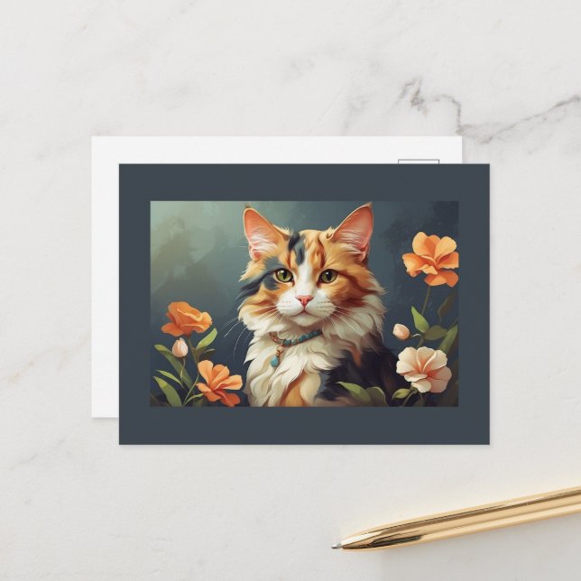 Calico Katze und Blume Postkarte (Vorderseite/Rückseite Beispiel)