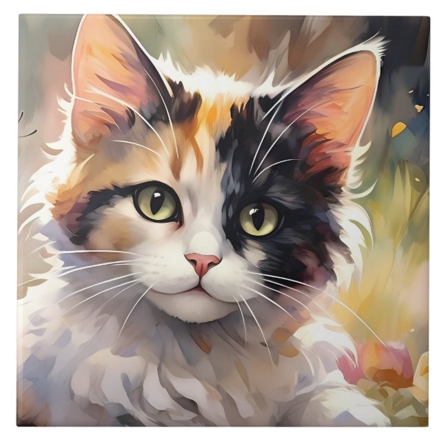 Calico Katze und Schmetterlinge im Frühlingspark Fliese (Vorderseite)