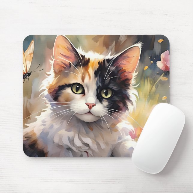 Calico Katze und Schmetterlinge im Frühlingspark Mousepad (Mit Mouse)