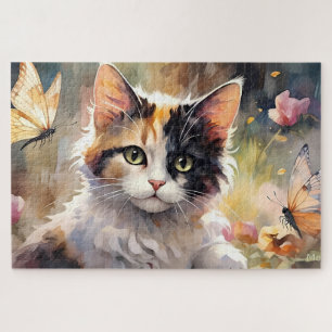 Calico Katze und Schmetterlinge im Frühlingspark Puzzle