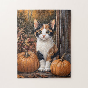 Calico Kitten sitzt unter Herbstlauben Puzzle