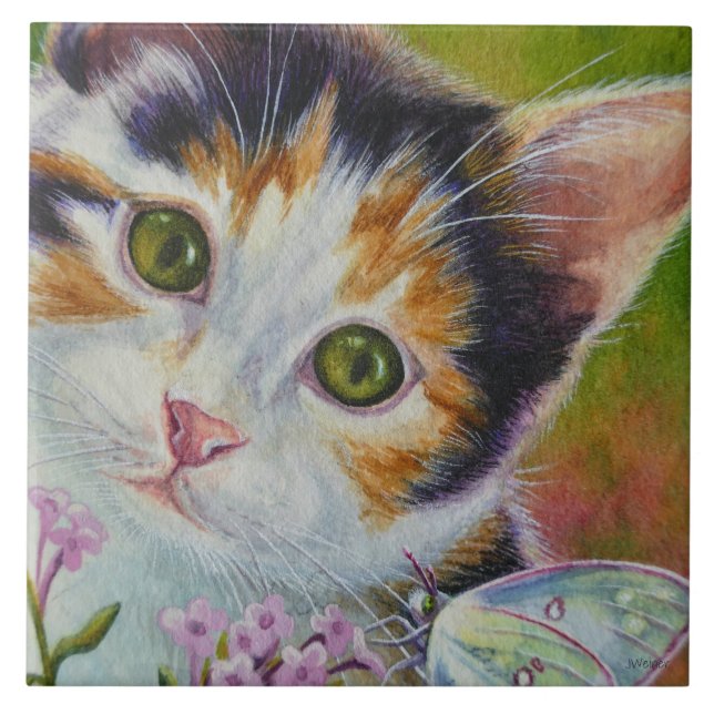 Calico Kitten & Sulfur Butterfly Wasserfarbe Kunst Fliese (Vorderseite)