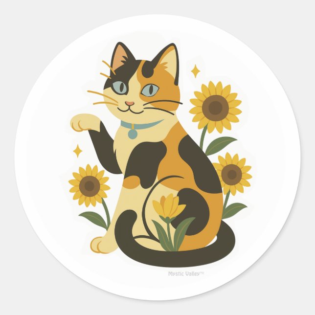 Calico mit Sonnenblumen  Runder Aufkleber (Vorderseite)
