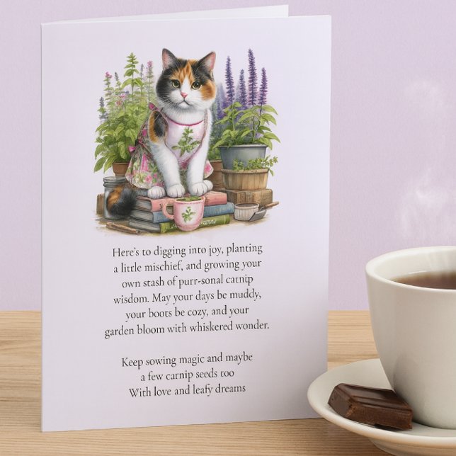 Calico und Catnip Cat Lovers Flat Note Card Mitteilungskarte (Whiskered wisdom and warm tea let your garden bloom with calm, comfort, and a hint of mischief.)