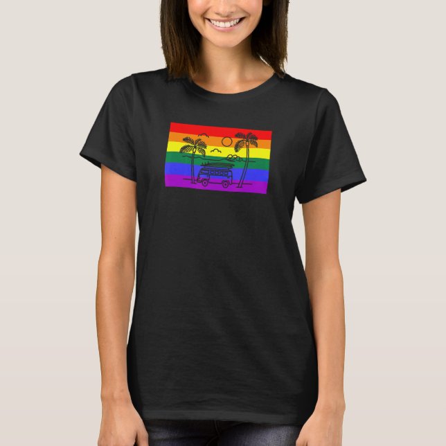 California Beach Palm Tree Van Lgbtq Gay Pride Fla T-Shirt (Vorderseite)