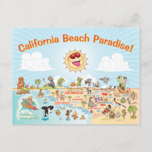 California Beach Paradise Cartoon Postcard Postkarte