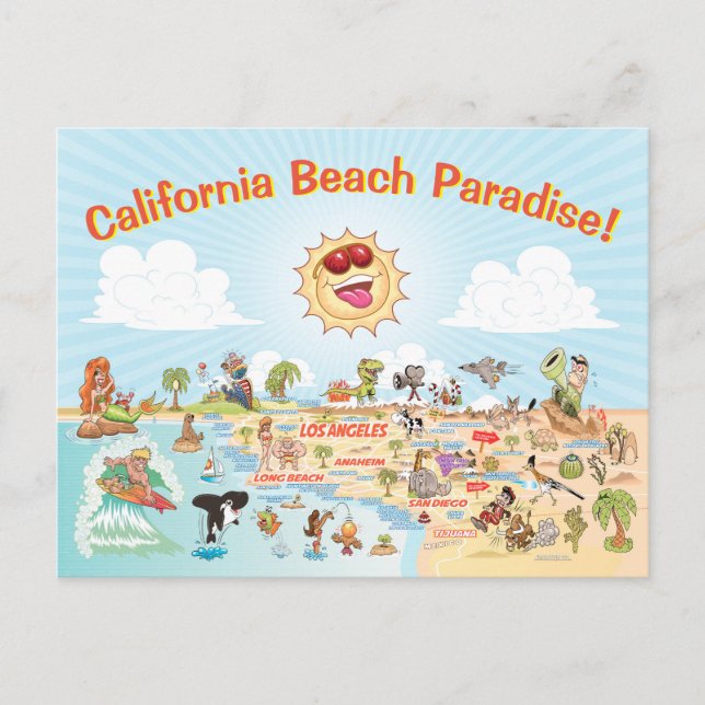 California Beach Paradise Cartoon Postcard Postkarte (Vorderseite)