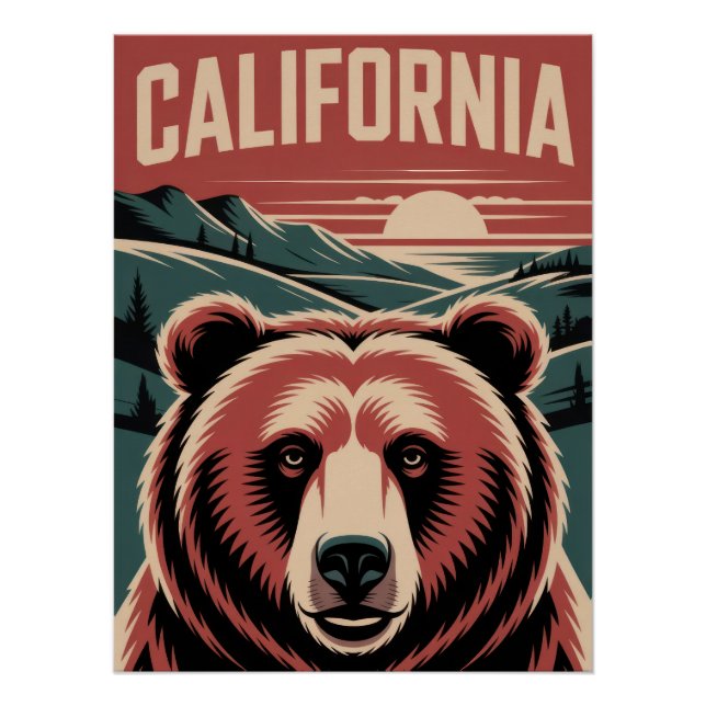 California Bear & Mountain Sunset - Vintage Golden Poster (Vorderseite)