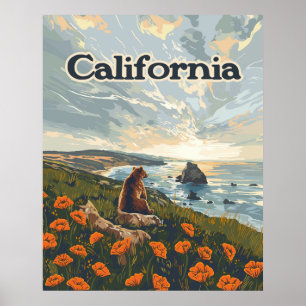 California Bear Poppies Blume Coast Retro Poster