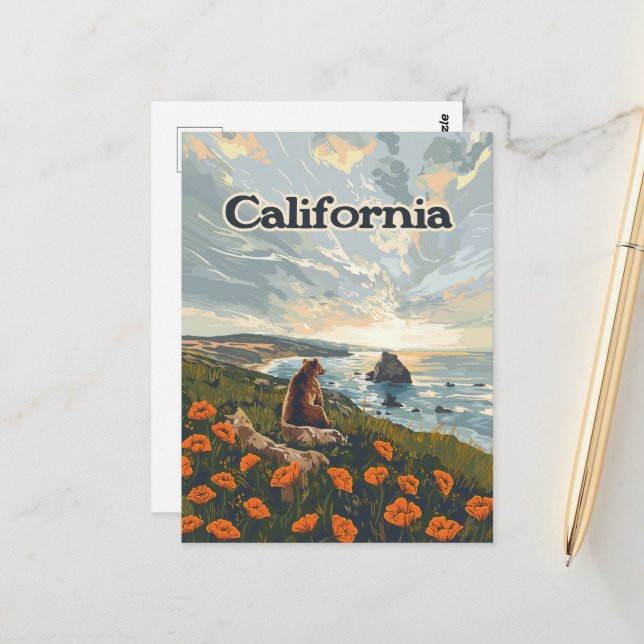 California Bear Poppies Blume Coast Retro Postkarte (Vorderseite/Rückseite Beispiel)
