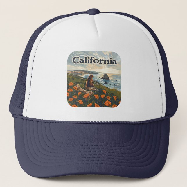California Bear Poppies Blume Coast Retro Truckerkappe (Vorderseite)