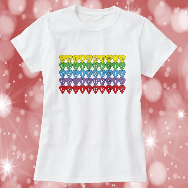 California Colorful Hearful Pattern T-Shirt (A shirt with the word California in yellow, green, blue, purple and red hearts)