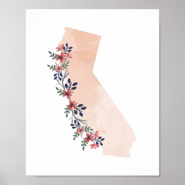 California Floral Watercolor Staat Poster (Vorne)