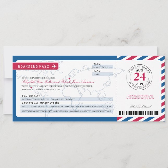 California & Germany Airmail Boarding Pass Wedding Einladung (Vorderseite)