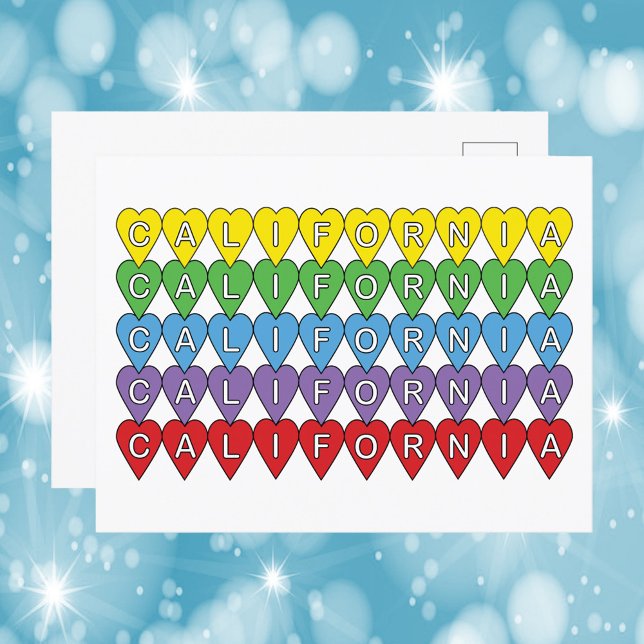 California Hearful Pattern Postkarte (A postcard with the word California in yellow, green, blue, purple and red hearts)