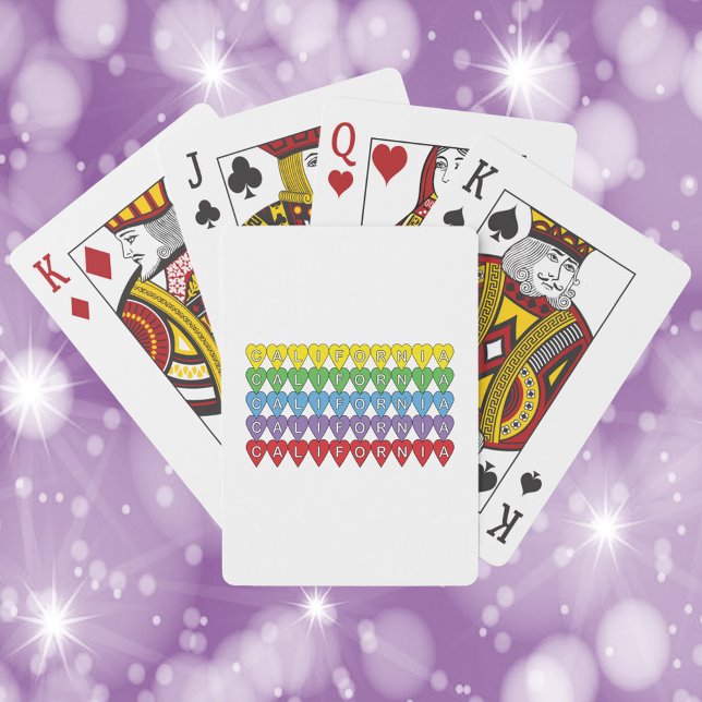 California Heart Pattern farbig Spielkarten (A deck of playing cards with the word California in yellow, green, blue, purple and red hearts)