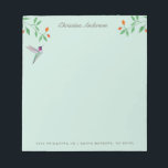 California Hummingbird Notizblock<br><div class="desc">Unique notepad featuring a hand-painted Anna's Hummingbird and flowery branches on a pale blue background. Anna's Hummingbird can be found year-round resident in California, breeding in winter and nesting during the rainy season in gardens and parks to chaparral, frequenting feeders and native plants.</div>