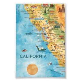 California Illustrated Watercolor Map Art Fotodruck