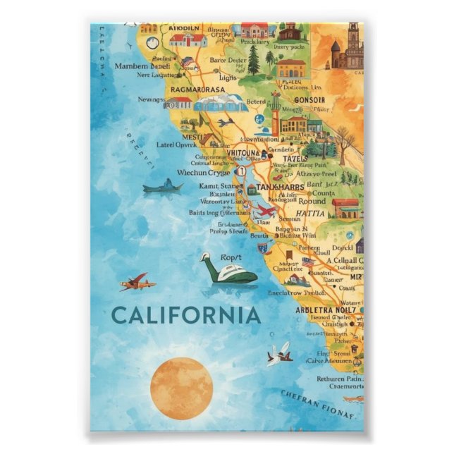 California Illustrated Watercolor Map Art Fotodruck (Vorne)