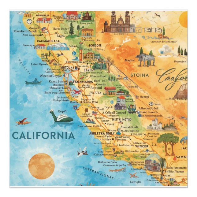 California Illustrated Watercolor Map Art Fotodruck (Vorne)