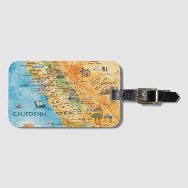 California Illustrated Watercolor Map Art Gepäckanhänger (Vorderseite (Horizontal))