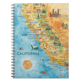 California Illustrated Watercolor Map Art Notizblock