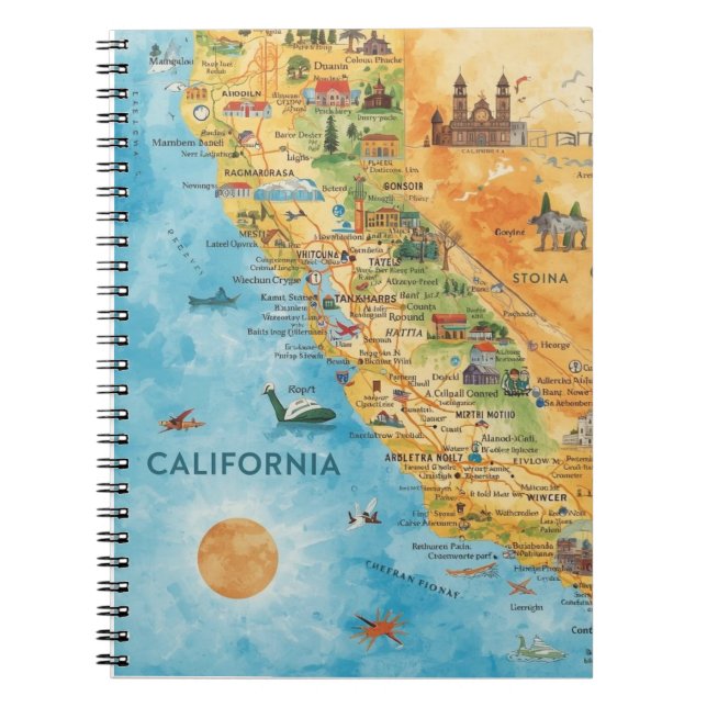 California Illustrated Watercolor Map Art Notizblock (Vorderseite)