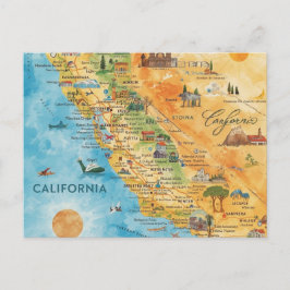 California Illustrated Watercolor Map Art Postkarte