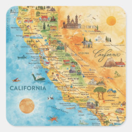 California Illustrated Watercolor Map Art Quadratischer Aufkleber