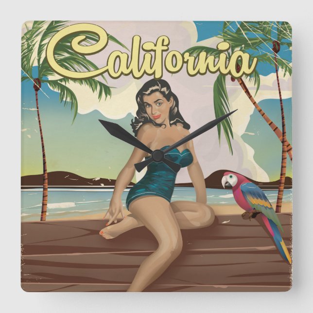 California Model Retro Reiseplakat Quadratische Wanduhr (Vorderseite)