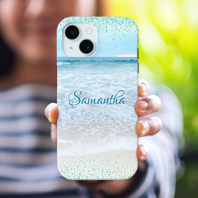 California Ocean Beach Blue Gold Confetti Custom Case-Mate iPhone Hülle (Von Creator hochgeladen)