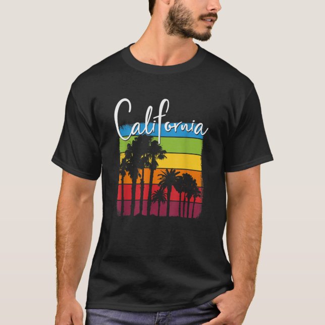 California Palm Trees Cali Rainbow Sunset Staat Lo T-Shirt (Vorderseite)