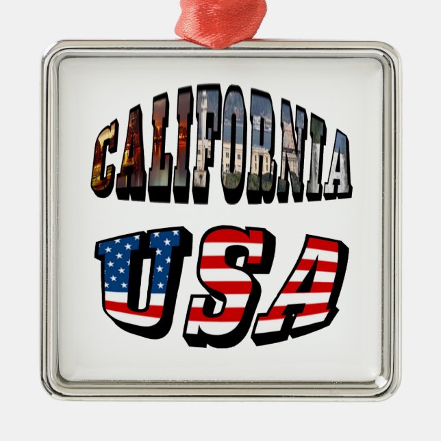 California Picture and USA Flag Text Ornament Aus Metall (Vorne)