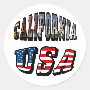 California Picture and USA Flag Text Runder Aufkleber